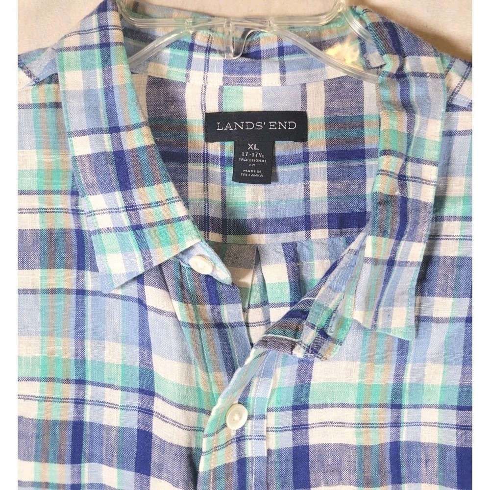 LANDS' END Mens‎ Size XL 17-17.5 Traditional Fit Plaid Button Down Linen Shirt